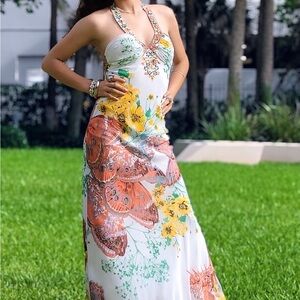 Floral Halter Maxi Dress - White and Orange